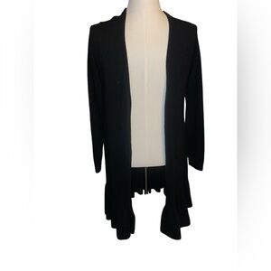 CAROLYN TAYLOR Ruffles Chic Black Open Front Cardigan Soft Long Sleeve